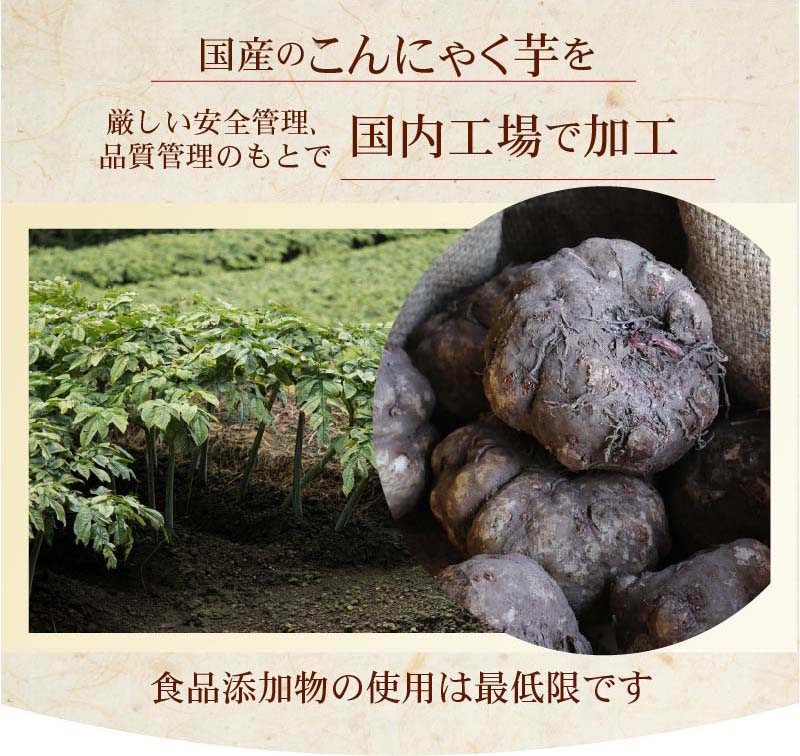 国産こんにゃく芋を日本国内の工場で加工